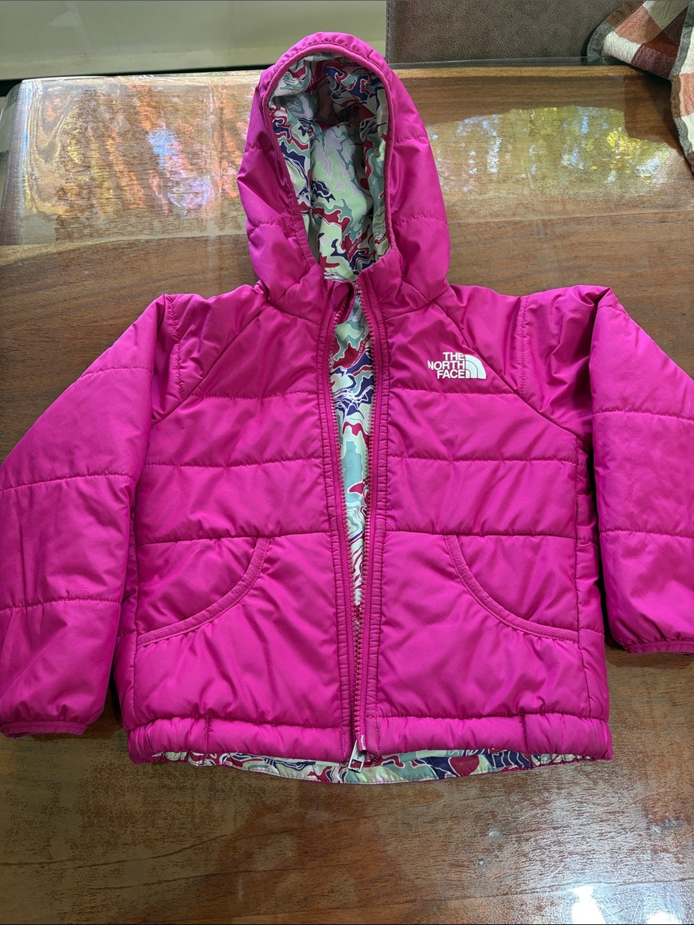 The North Face Girls' 3T Bright Pink Reversible Hooded Puffer Jacket